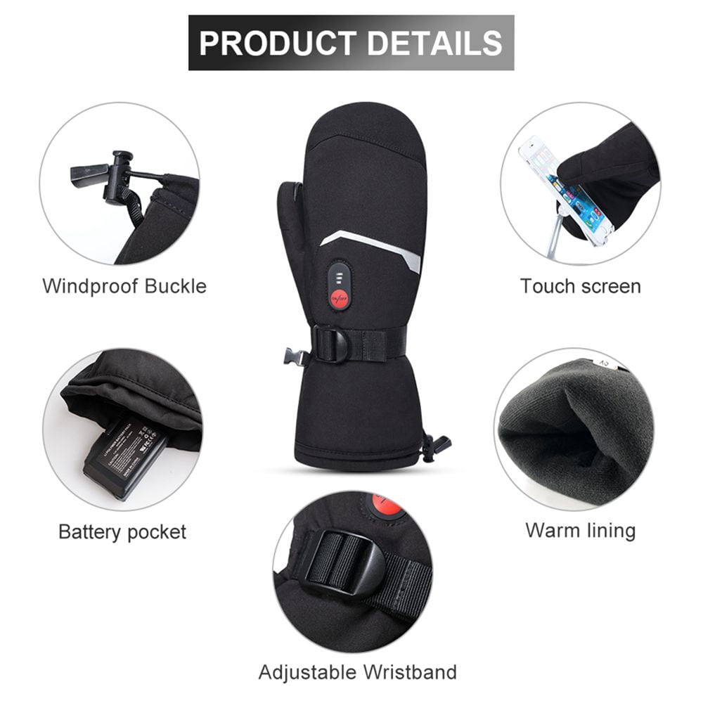 Sun Will 7.4V 2200mAh Rechargeable Battery Heated Ski Gloves, Unisex Winter Warm Mittens XXS-XXL