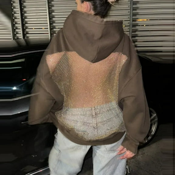 Sweatshirts for Women Hollow-Out Oversized Hoodie Rhinestone Mesh Open Back Pullover Sweatshirt,Womens Tops Plus Size Brown XS