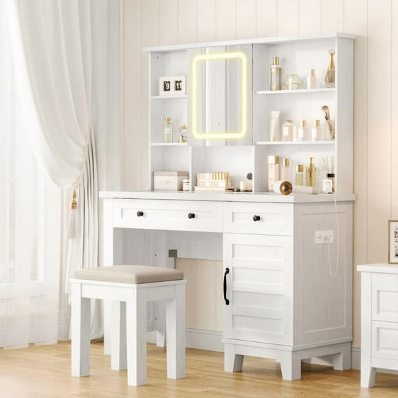 Towallmark 42 Inch Makeup Vanity Desk, Glass Top Dressing Table With Lights & Charging Station, White Vanity Set With Upholstered Stool, Drawers Cabinet Shelves