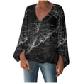 thumbnail image 1 of Blusa de manga larga con cuello en V para mujer, informal, sexy, a la moda, con estampado de Halloween Pompotops FGAJ14648, 1 of 8