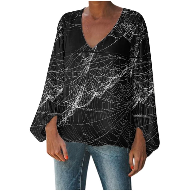 Blusa de manga larga con cuello en V para mujer, informal, sexy, a la moda, con estampado de Halloween Pompotops FGAJ14648