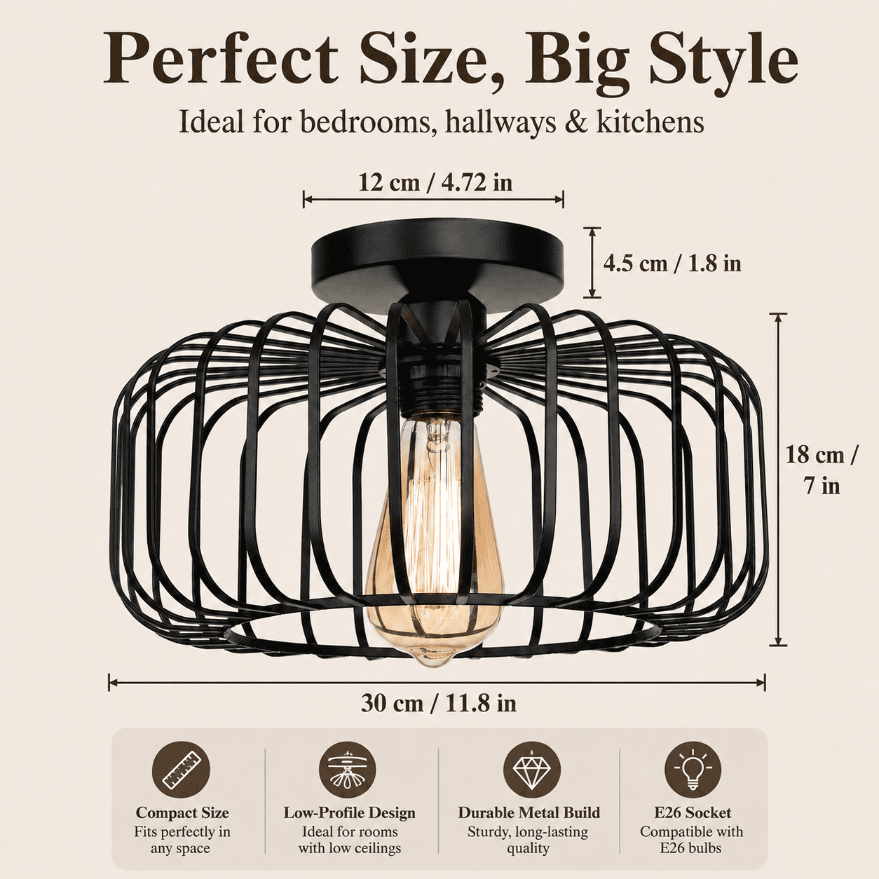 DONGPAI 11.8" Black Cage Mini Chandelier with LED Bulb, Flush Mount Ceiling Light Industrial Kitchen Light Fixtures for Hallway Bedroom Dining Room