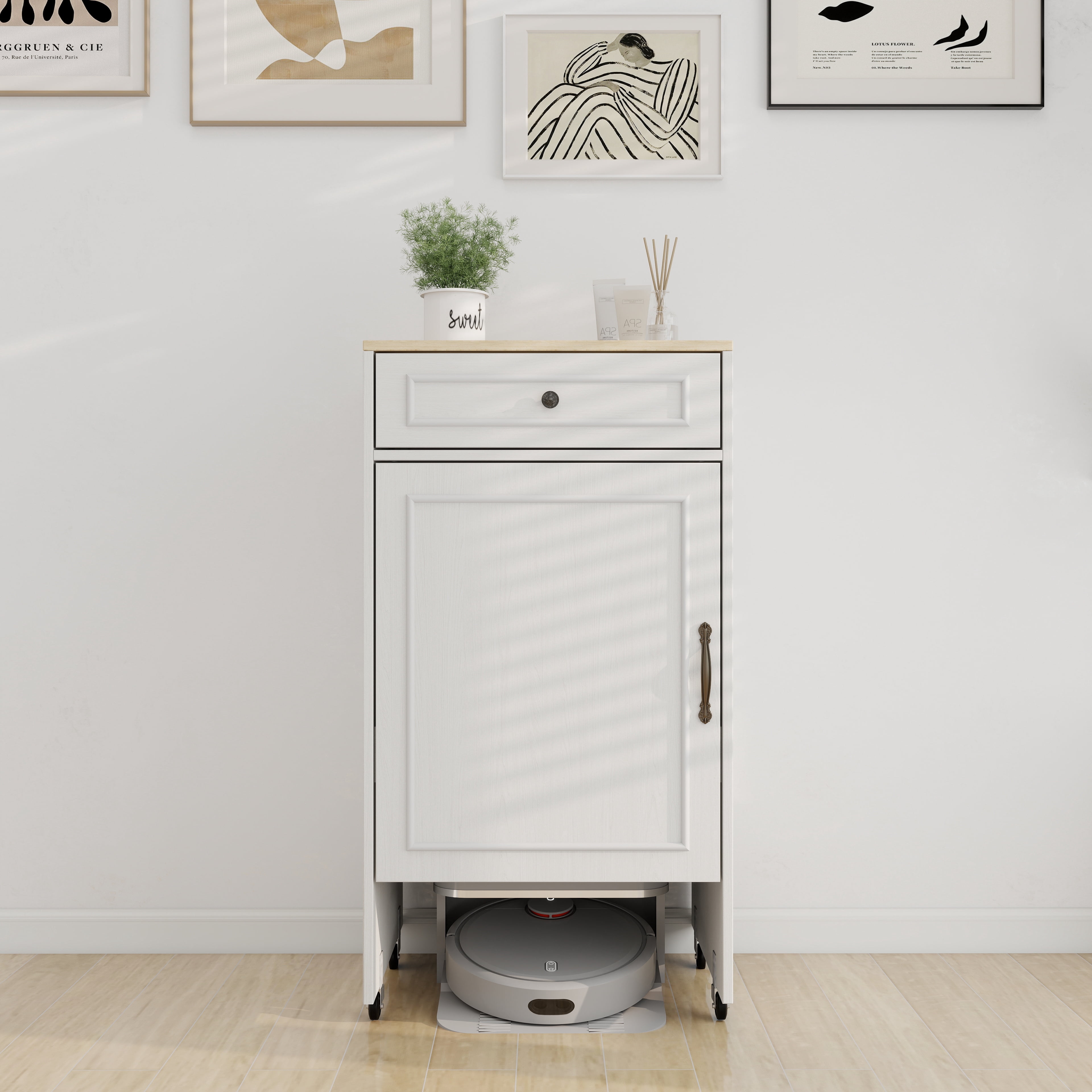 Mintazer Robot Vacuum Storage Cabinet with Wheels, Narrow Side Cabinet with Drawer & Adjustable Shelf, Rolling Robot Vacuum Stand for Living Room Hallway Kitchen, Antique White