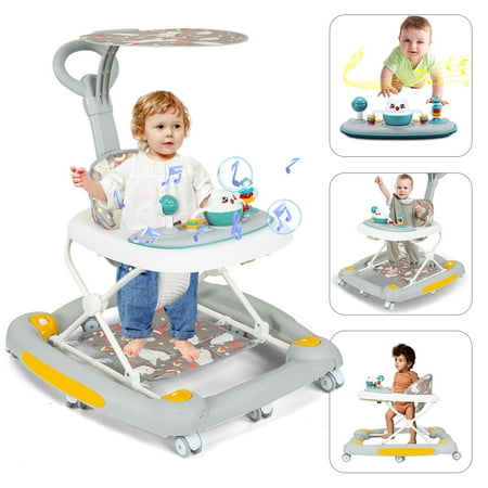 Huber 6-in-1 Baby Walker, Musical Activity Push Walker with Detachable Awning Footrest, Gray