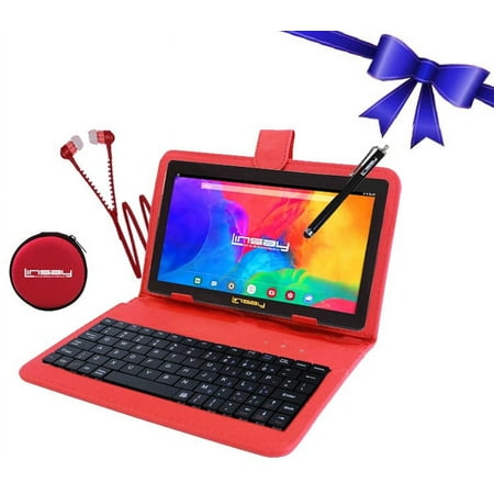 LINSAY 7" 2GB RAM 64GB Android 13 WiFi Tablet with keyboard Red Leather Keyboard, Earphones, Pop Holder and Pen Stylus