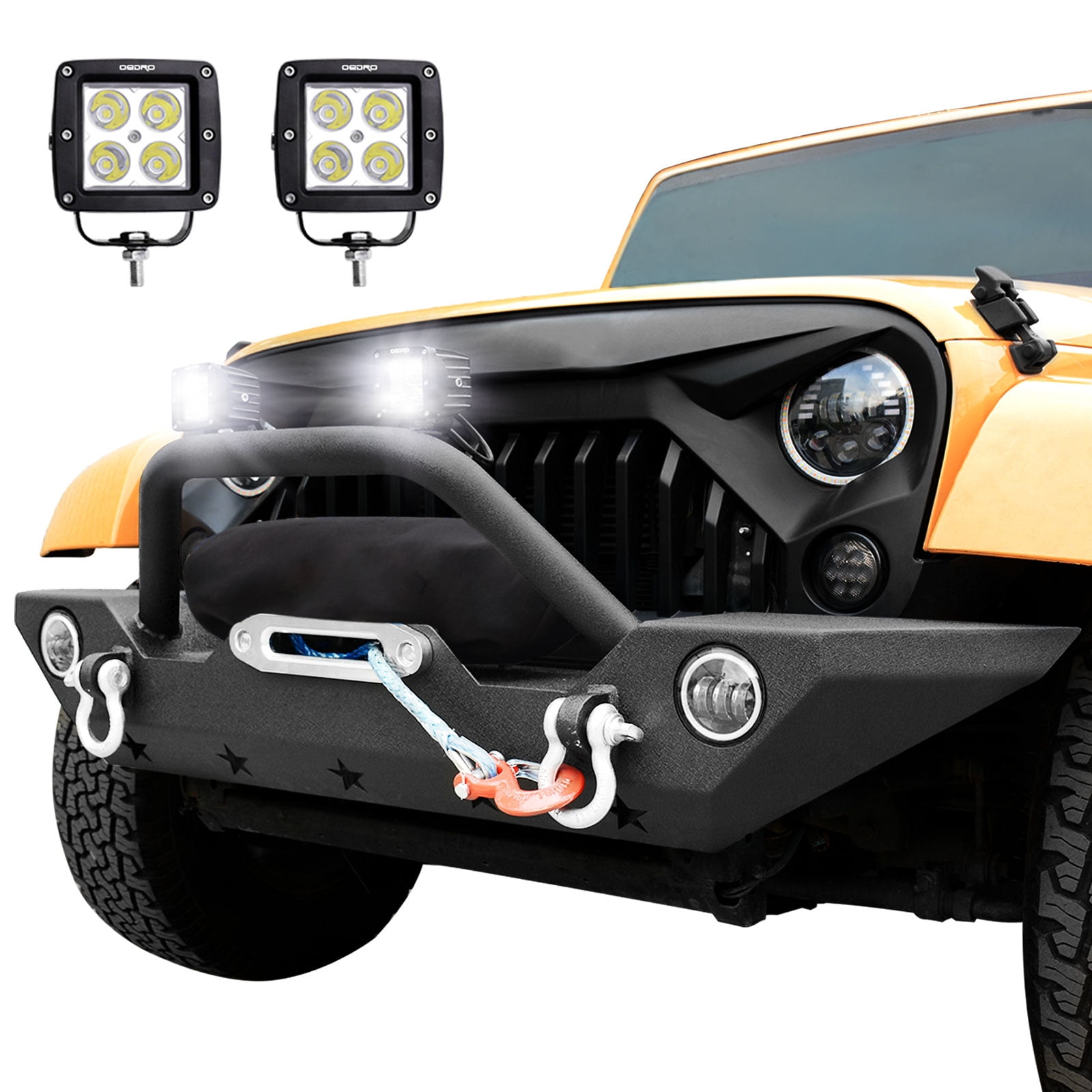 JK Front Bumper + 2x Square LED Light Bars Combo, Compatible for 0718