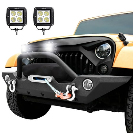 JK Front Bumper + 2x Square LED Light Bars Combo, Compatible for 07-18 Jeep Wrangler Unique STAR GUARDIAN Design, Upgraded Textured Black Rock Crawler Off Road Bull