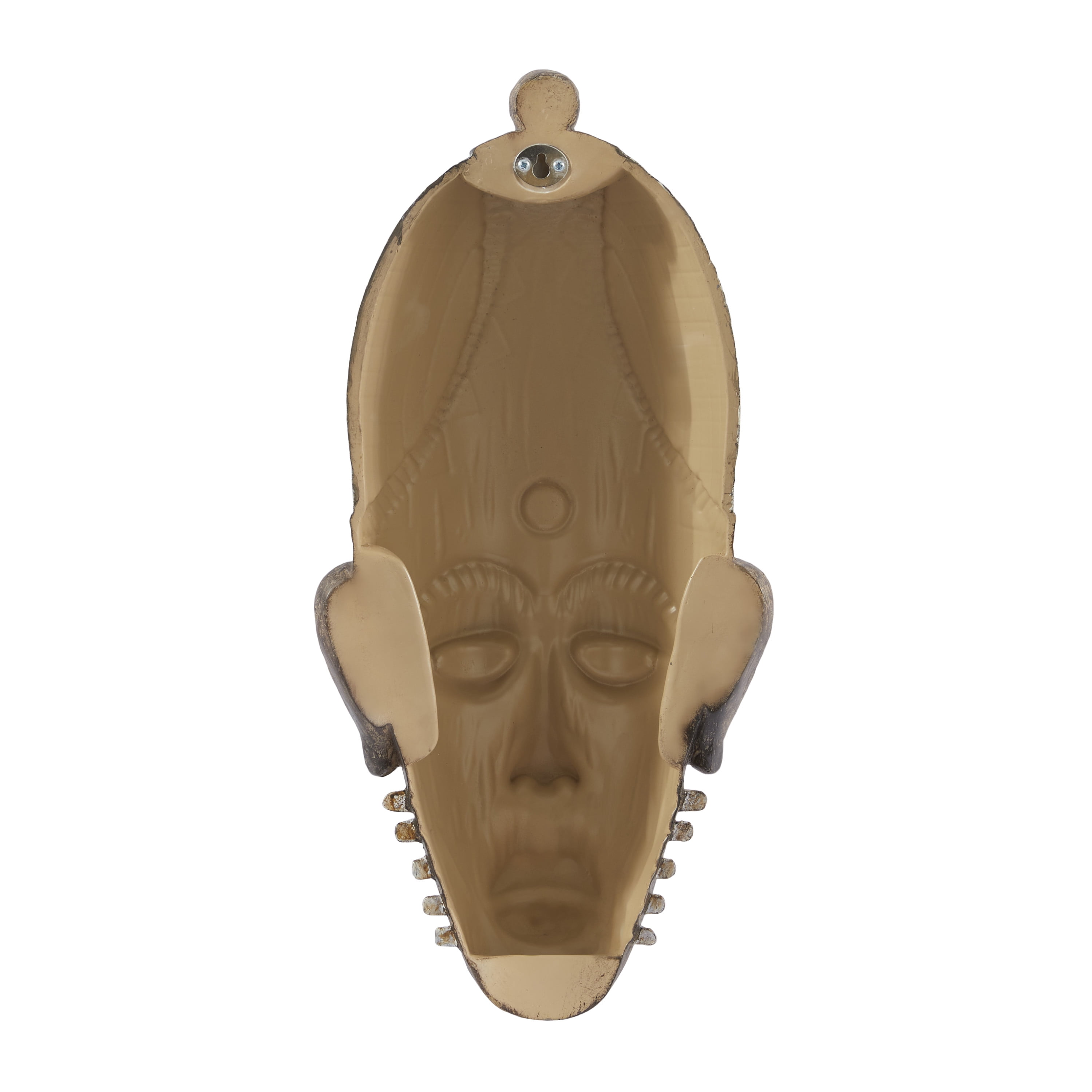 DecMode Brown Polystone Mask African Tribal Home Wall Decor with Rust and Navy Carvings, 8" x 4" x 18"