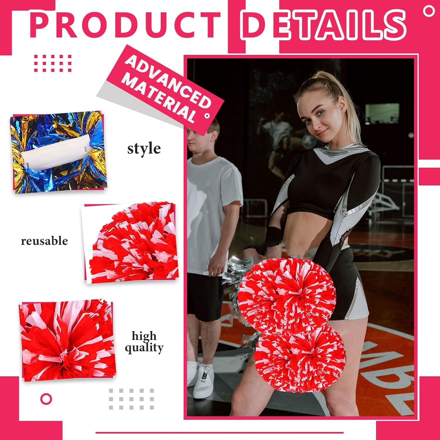 8 PCS Metallic Cheerleading Pom Pom for Team Spirit Sports Dance Cheering Kids Adults