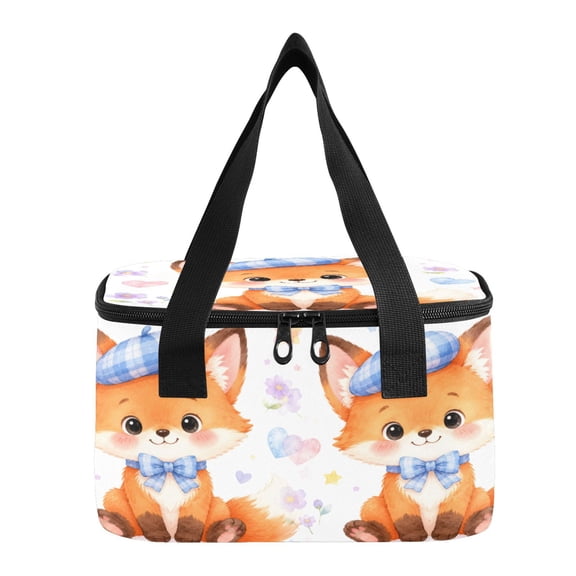 6L Insulated Lunch Bag Square Handheld Cooler Tote Fluffy Fox Blue Bowtie Reusable Thermal Bag with Polyester & Aluminum Lining for Work Picnic Travel