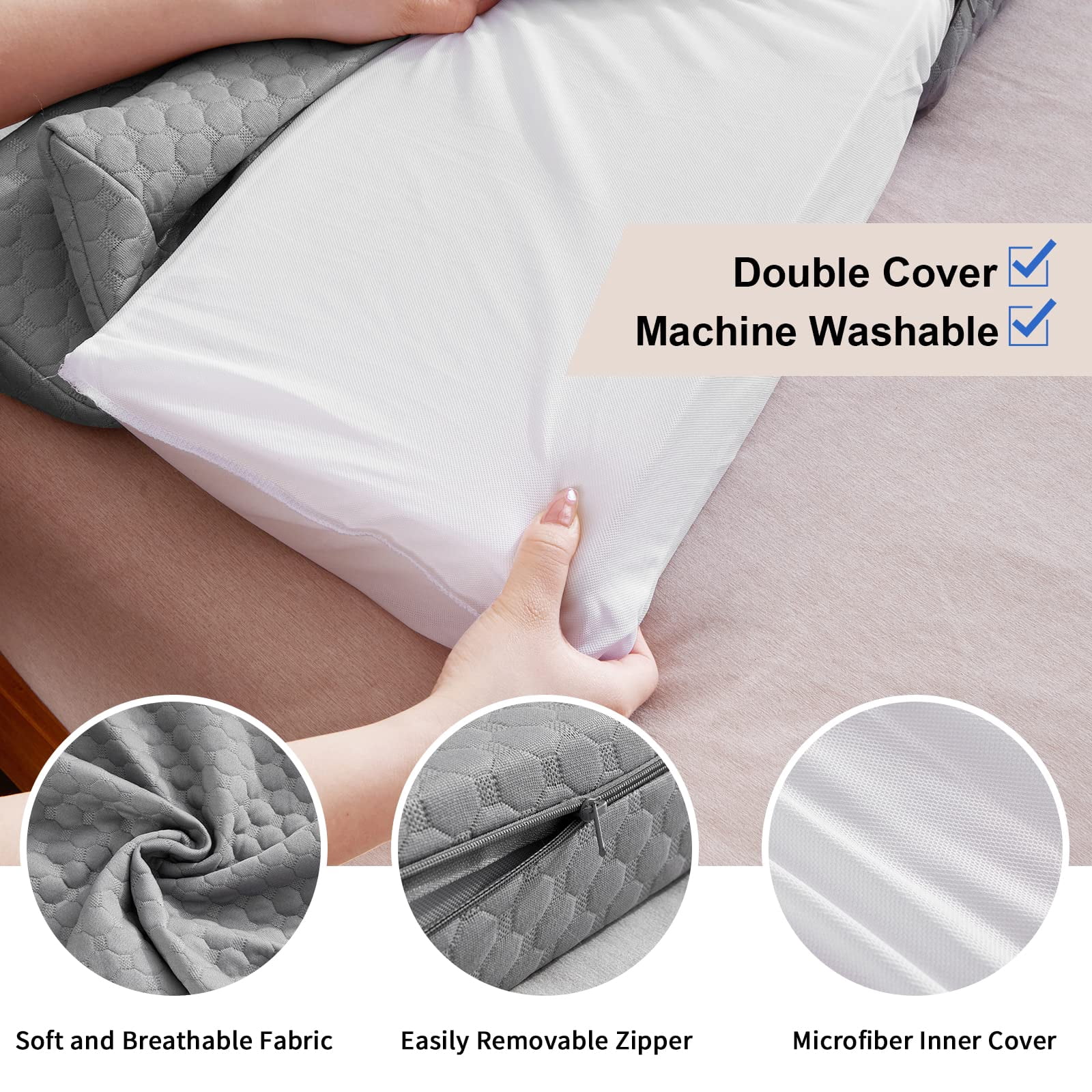 Twin Size Bed Wedge Pillow - Gap Filler Mattress Headboard Fill The (0-7") Between And For Sleeping Backrest (39"x10"x6" Grey)