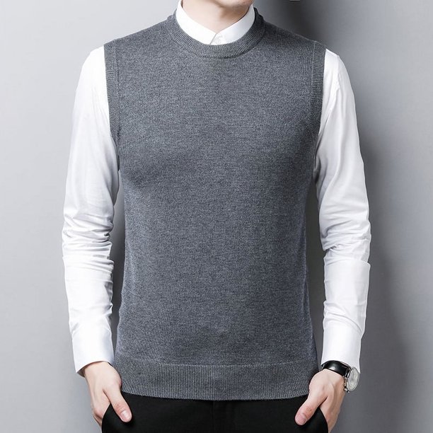 Chaleco de lana de invierno para hombres de mediana edad y mayores, cuello redondo, color sólido, suéter de punto, chaleco para papá