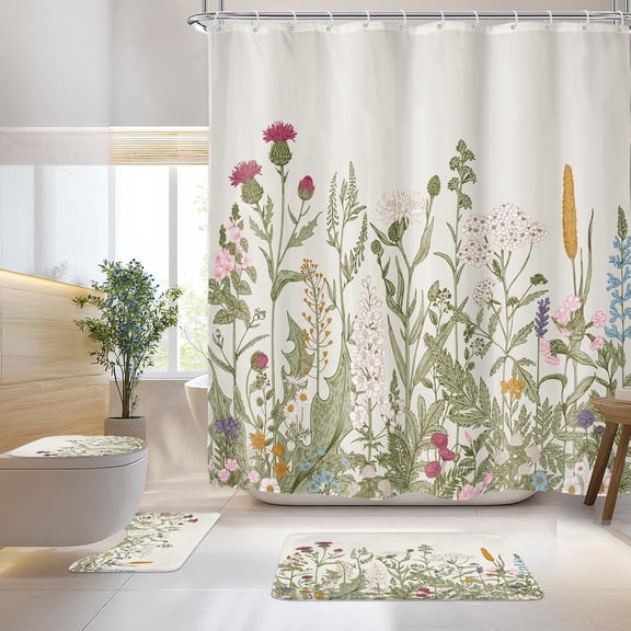 Sage Green Floral Wildflower 4Pcs Bathroom Shower Curtain Sets Vintage Botanical Leaves Bathroom Decor Set with Rugs and Accessories Rustic Toilet Lid Rug, Contour and Bath Mat with 12 Hooks
