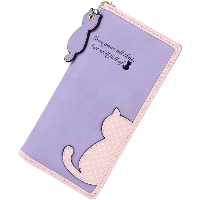 Women's Long Purse with Zip and Press Stud Cat Pattern