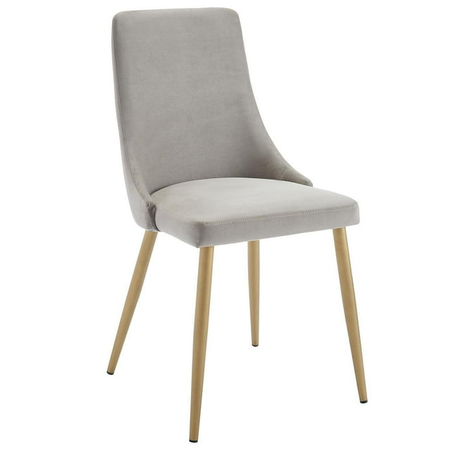Mid-century style grey velvet side chair with gold metal legs, shown individually