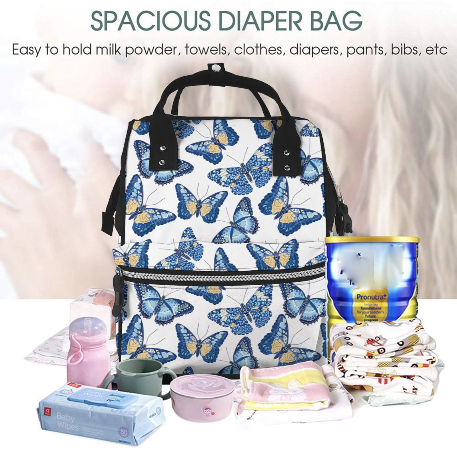 Ratiio Beautiful Butterflies Mummy Backpack - Waterproof Twill Canvas, Large Capacity Diaper Bag with Multiple Pockets and Adjustable Straps