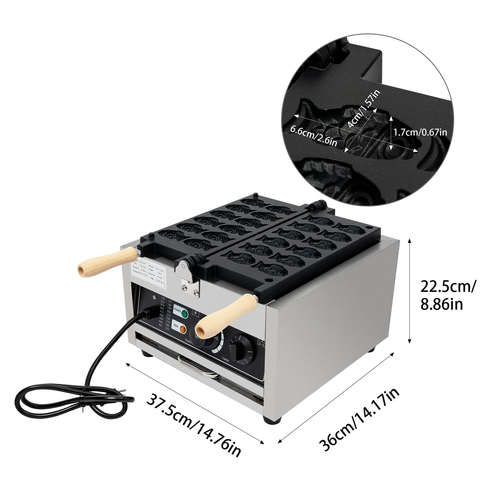 Wildnix Taiyaki Waffle Maker, Fish-Shaped Waffle Iron with Adjustable Temperature (50-300°C), 1.8KW Power, Stainless Steel & Wood Design, Non-Slip Feet and Scrap Tray