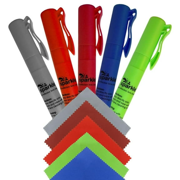 Sparkle Anti-Reflective Safe Pen Lens Cleaner Spray kit - (5) 0.3oz Glasses Cleaner Pen Spray & (5) Microfiber Cloth for Eyeglasses, Sunglasses, Lenses, Screens and Camera Cleaning Kit (10 Piece Set)