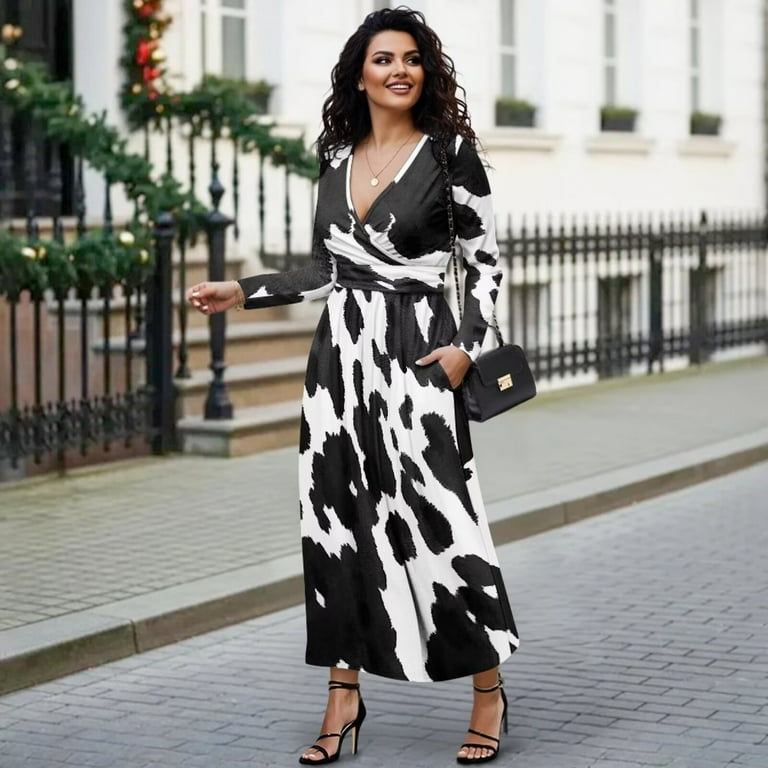 Fkelyi Womens Maxi Dress for Fall Black Cow Print Casual Dress A-Line Tiered Flowy Long Sleeve Dresses with Side Pockets for Wedding Guest, L