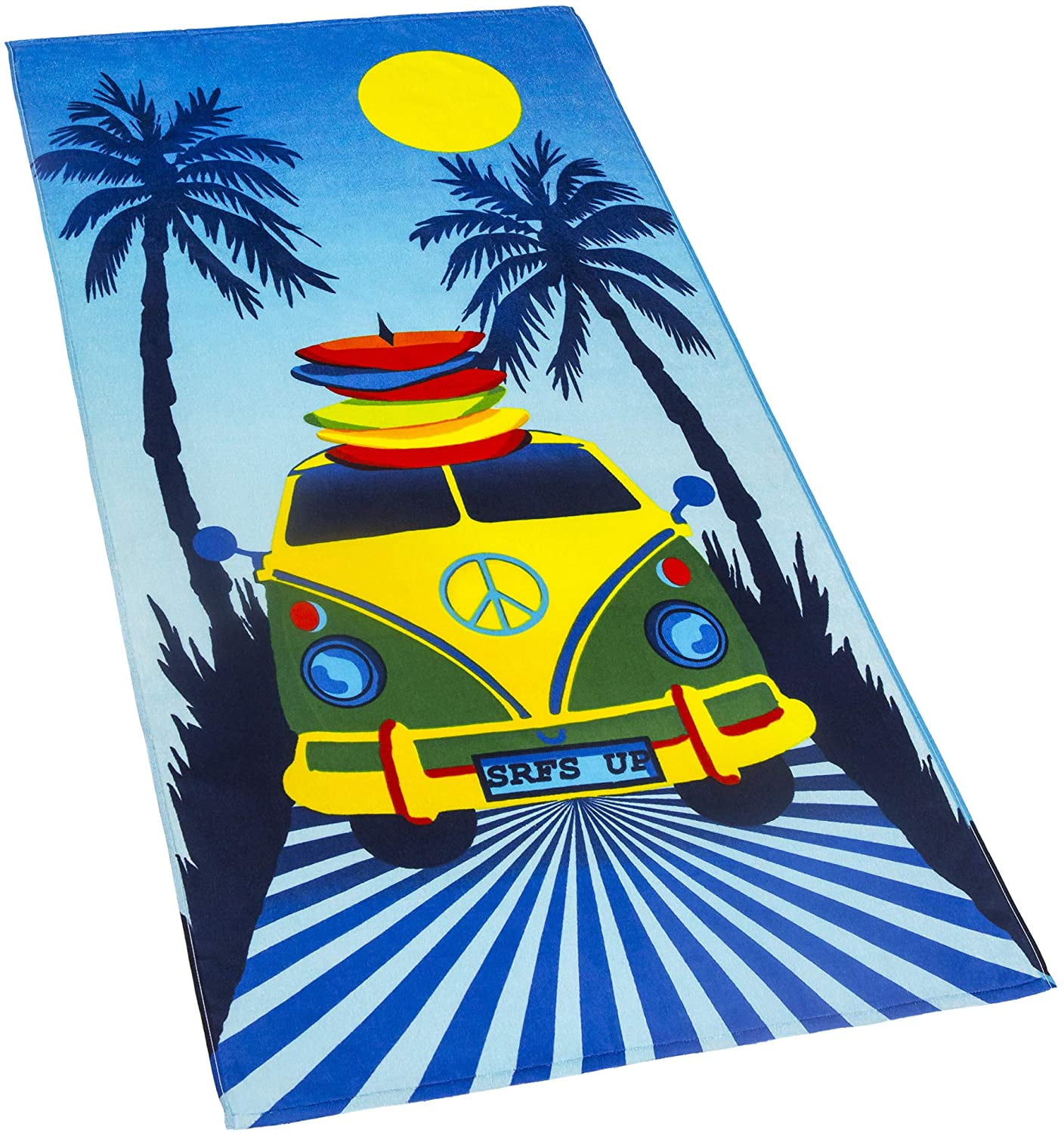 Road Trip Velour Beach Towel Surfer Peace Van 30 x 60 inch Summer 100% Cotton Velour Terry