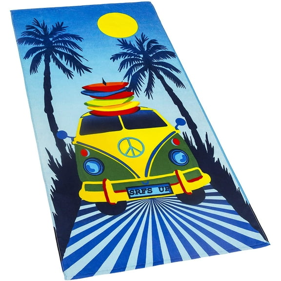 Road Trip Velour Beach Towel Surfer Peace Van 30 x 60 inch Summer 100% Cotton Velour Terry