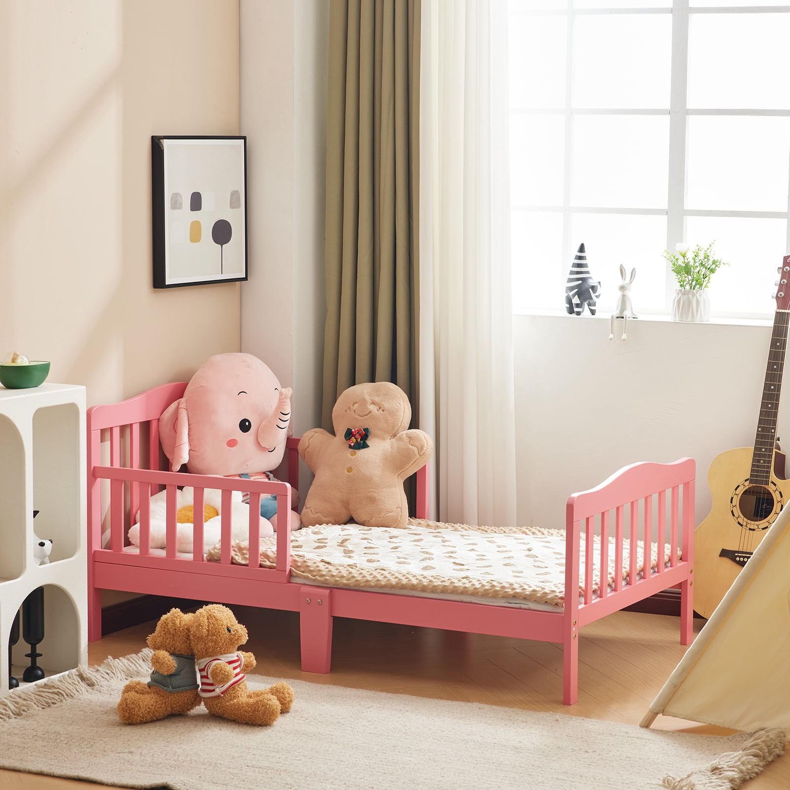 Pink Solid Pine Wood Toddler Daybed with Dual Side Safety Rails Low Profile Kids Transition Bed for Girls Nursery Bedroom