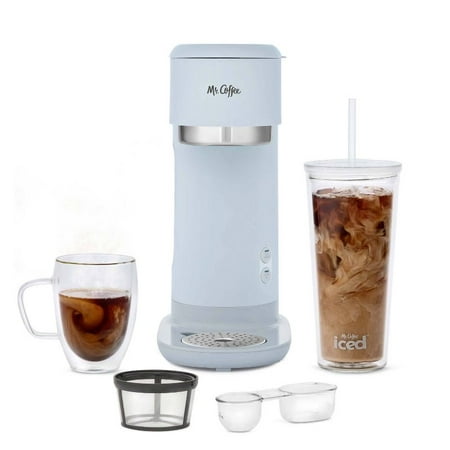 Mr. Coffee Single-Serve Iced and Hot Coffee Maker with Reusable Tumbler and Coffee Filter, Light Gray
