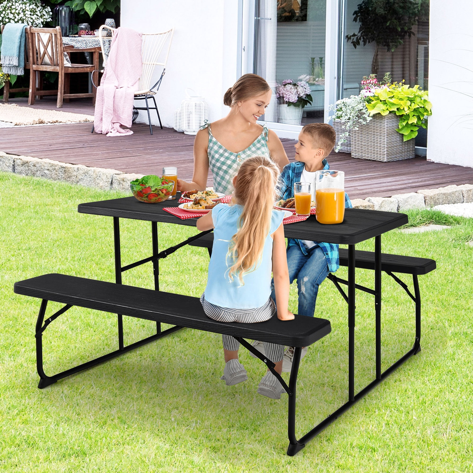 Gymax Folding Picnic Table & Bench Set for Camping BBQ w/ Steel