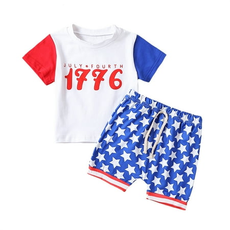 

Baby Boys Shorts Set Short Sleeve Numbers Print T-shirt with Stars Shorts Summer Outfit（0-24Months，2-3Years）