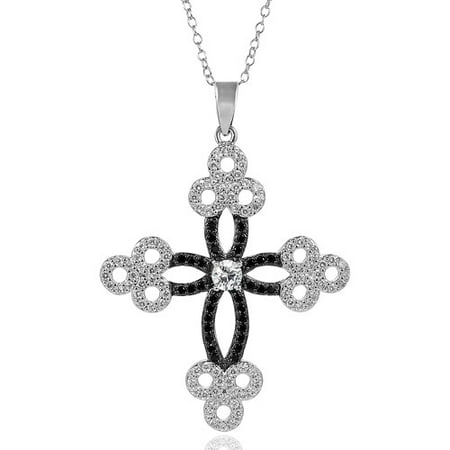 Alexandria Collection Black and White CZ Sterling Silver Cross Pendant, 17