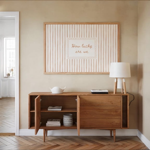 How Lucky Are We Beige Stripe Typography Poster, Unframed Canvas 12x16in