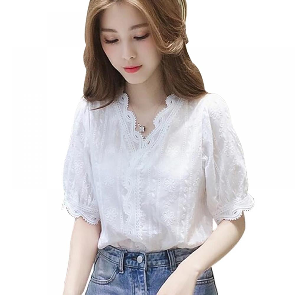 Monfince Women Lace Hollow Out Sweet Slim White Blouse Women's V-Neck Half  Sleeves Solid Blouse