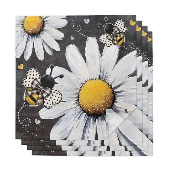 Daisy Bee Cloth Napkins, Summer Botanical Farmhouse Flower Plants Washable and Reusable Dinner Napkins Set of 4, Table Napkin for Kitchen Party Birthday Wedding Hotel Housewarming 20"x20"