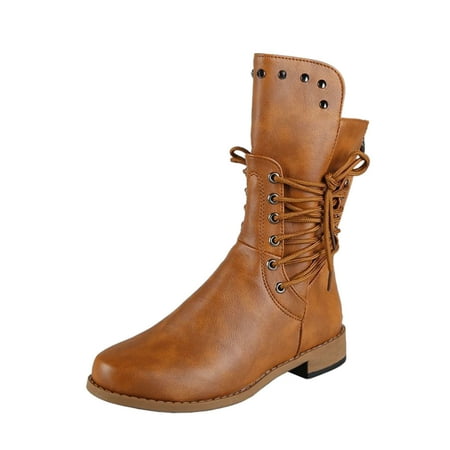 

HGWXX7 Women s Fashion Solid Color Mid-Tube Boots Lace-up Thick Heel Rider Boots Fall Shoes