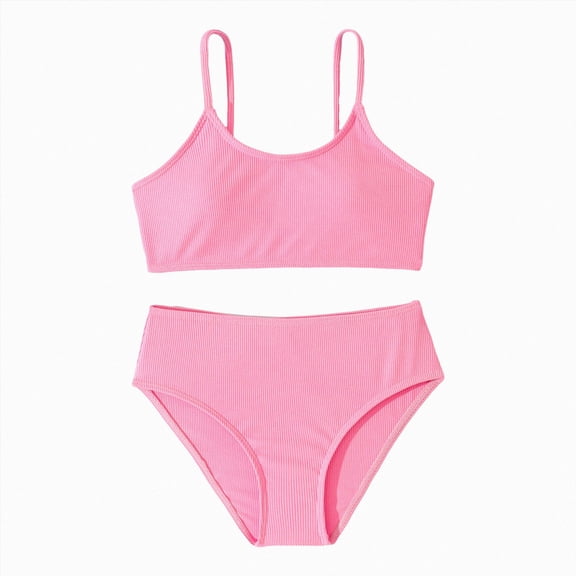 Ymyiu Newborn Swimsuit Girl Girls Swimsuit Bikini Set Solid Color Two Piece Bathing Suit with Chest Pad Adjustable Straps Swimwear Size 6-7 Years (Pink,6-7 Years)