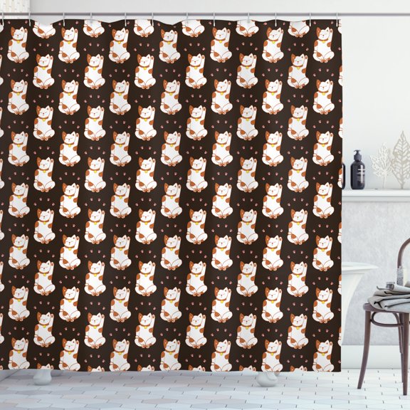 Ambesonne Japanese Cat Shower Curtain, Calm Cat Maneki Neko, 69"Wx84"L, Grey Multicolor