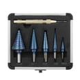 thumbnail image 1 of Carevas 50 Sizes HSS Step Drill Bit Set with Automatic Center Punch and Aluminum Case Multiple Hole Titanium Straight Grooved Step Drill for Metal Wood Sheet (5pcs), 1 of 7