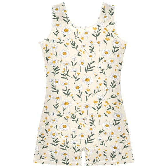 Gymnastics Leotard Sleeveless White Flowers and Yellow Background Stretchy Dance Bodysuit Breathable Athletic Ballet Yoga Outfit for Ages 3-14
