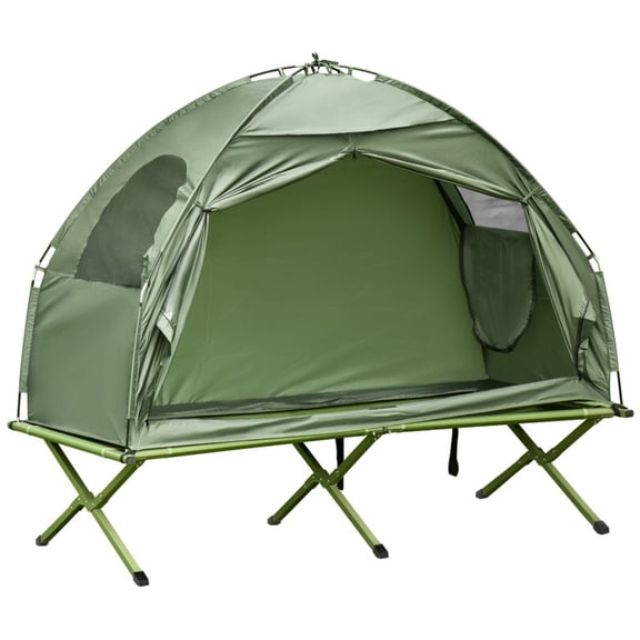 Outsunny 2-in-1 Folding Camping Cot with Tent for One Person Portable Elevated Outdoor Bed with Carry Bag 76" L Steel Frame Supports 225 lbs for Backpacking Beach Garden Green