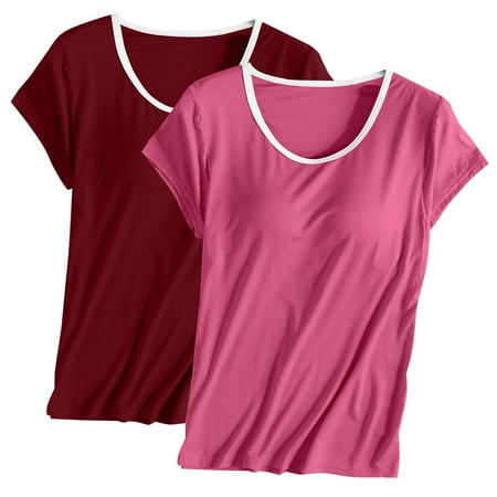 Qetyuw Loose Pajama Shirts with Built in Bra Womens Colorblock Short Sleeve Pj Tops Casual Padded Lounge Pajama Tees Soft Gym Sports Shirts 2 Pack