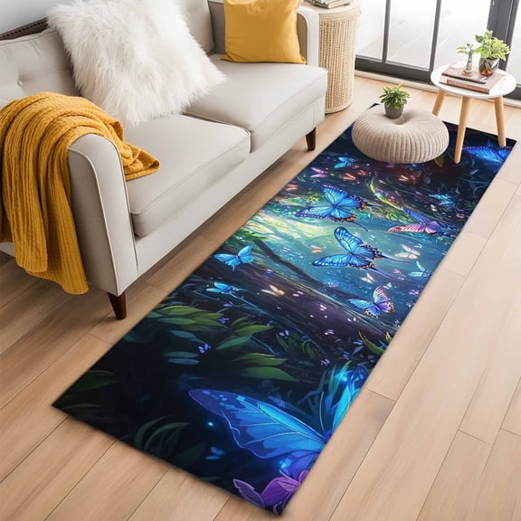 Blue Butterfly Kitchen Runner Rug 2x6 Washable Runners for Hallway Non Slip Modern Art Forest Butterflies Large Area Rug Indoor Floor Carpet for Bathroom Laundry Entryway Bedroom Living Room