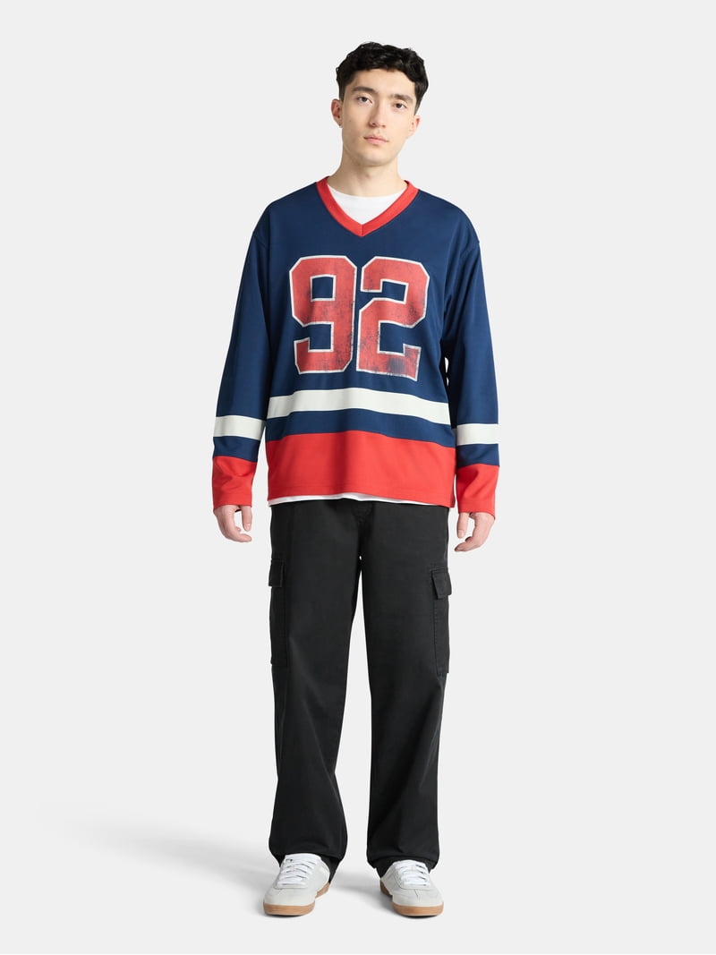 No Boundaries Hockey Jersey Style Shirt with Long Sleeves, Men's