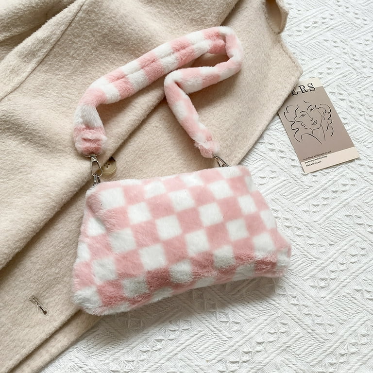 Plush Bag Winter Soft Fluffy Shoulder Bag Women Checkerboard Print