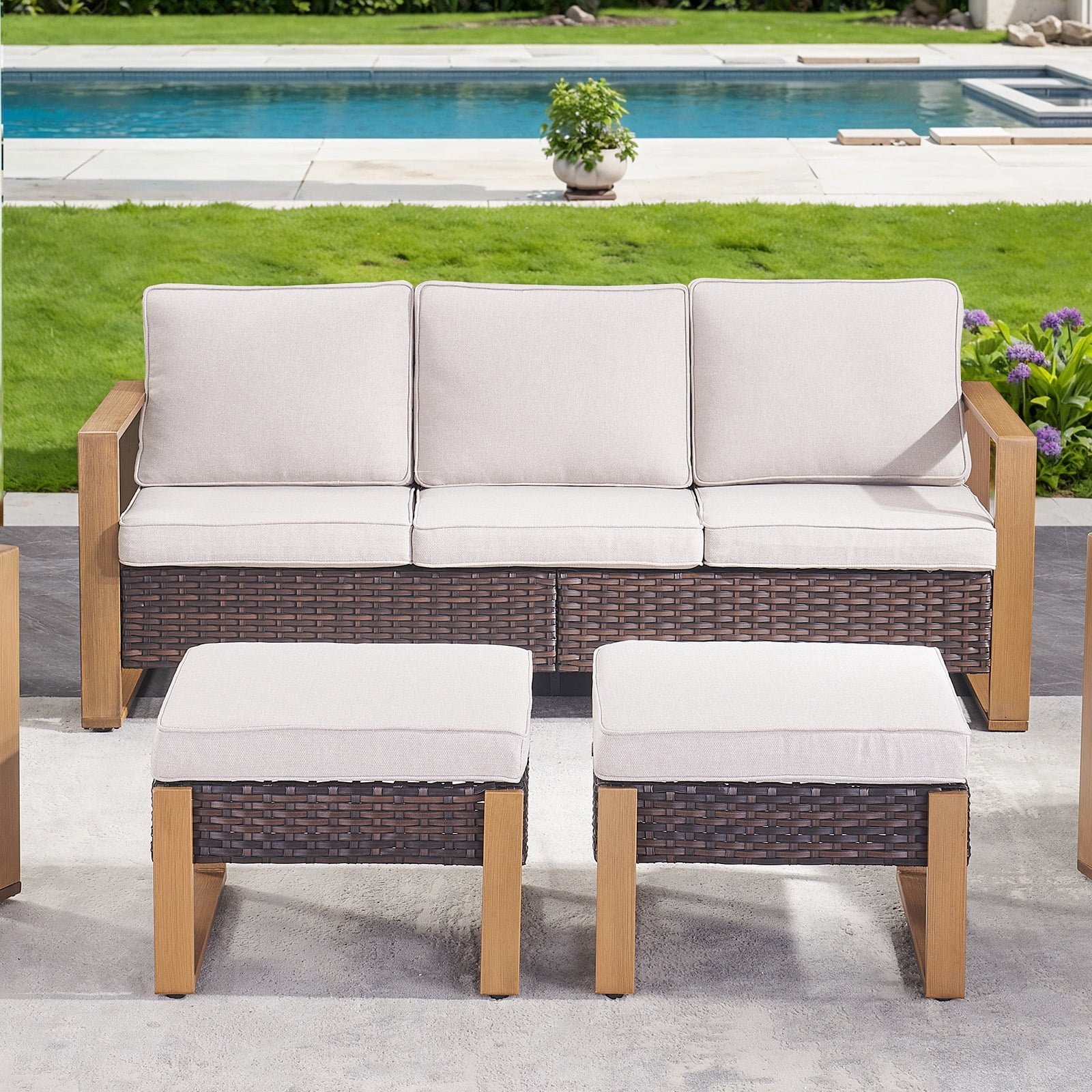 POCASSY 75" Wide Outdoor Sofa Outdoor Furniture Sets, All-Weather Brown Wicker Rattan Outdoor Couch with Ottomans and Cushions for Garden Backyard Poolside, Beige