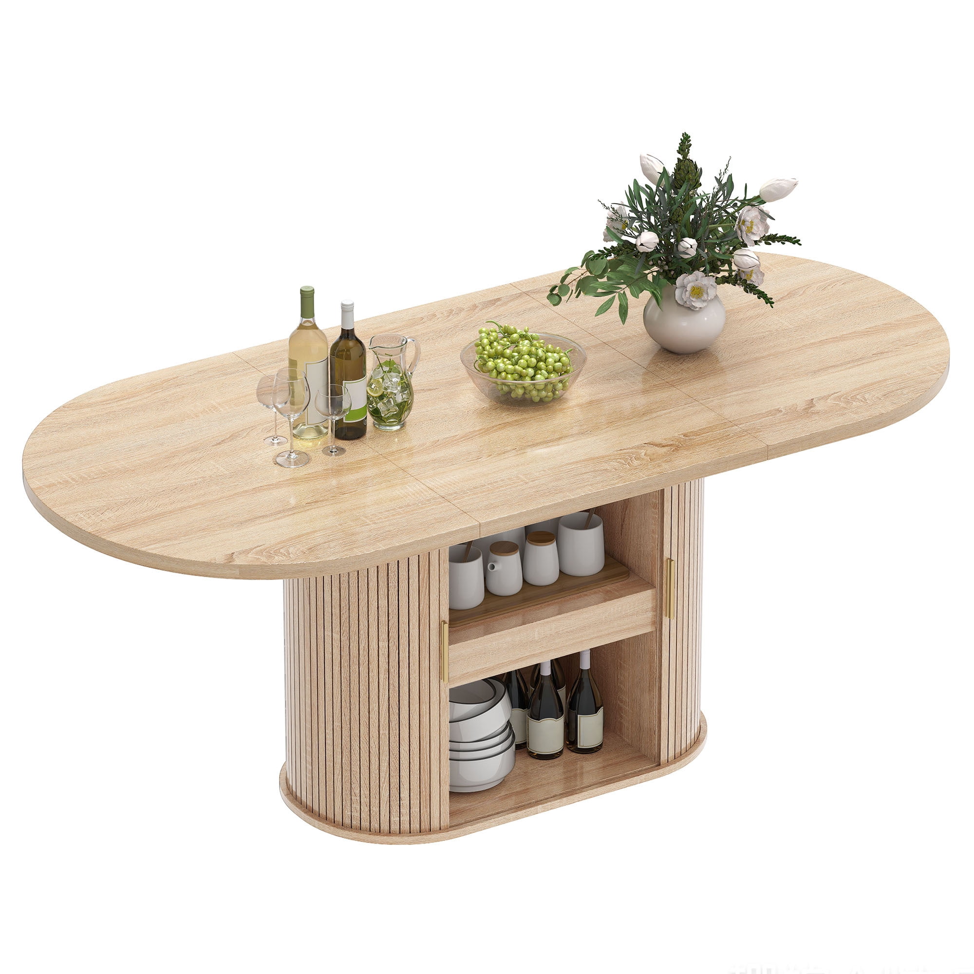 Uforic Oval Dining Table for 6-8 People, 70.9" Modern Kitchen Table with Fluted Base and Storage, Oak