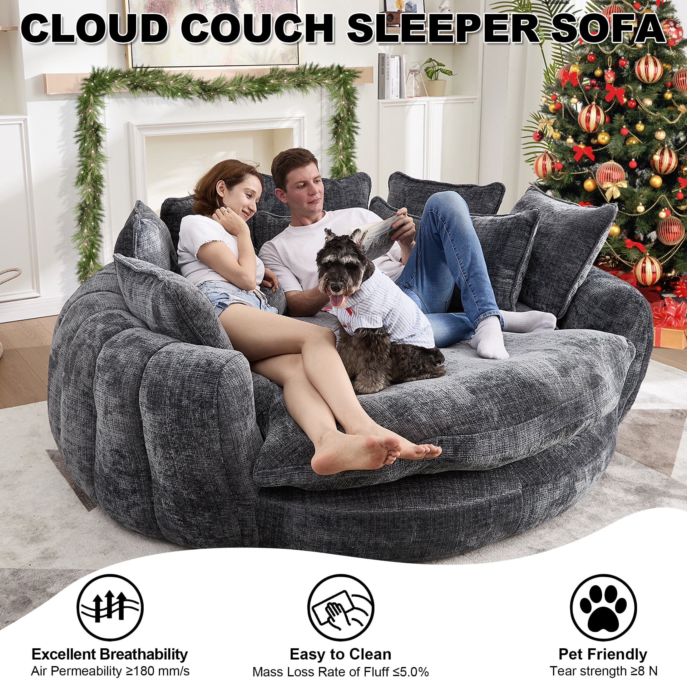 Aukfa 81.1" Oversized Cloud Couch Sleeper Sofa with Round Chaise Lounge, Modern Chenille Upholstered Boneless Sofa with Memory Foam and 14 Pillows, Dark Gray