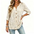 thumbnail image 3 of Asgosdo Women Tops Shirts Embossed Leaf Floral Print Notched V Neck Decorative Button 3/4 Sleeve Loose Flowy Polyester Casual Blouses Multi Color Four Season Womens Tops, 3 of 5