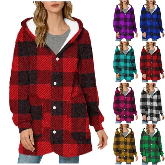Women's Thick Fleece Lined Jacket Autumn Winter Outwear Plaid Mid Length Loose Casual Trendy Tops Pockets Zipper HoodiesYellow,Size L