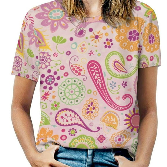 Pink Paisley Floral Pattern Bright Cheerful Design Women's T-Shirt Short Sleeve T Shirts Tops Tee Ladies Loose T