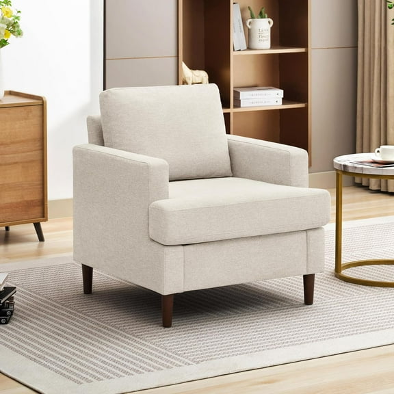 Mid-Century Accent Chair,Modern Linen Fabric Armchair for Living Room,Comfy Upholstered Reading Accent Chairs for Bedroom,Single Sofa Chair with Wood Legs